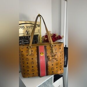 MCM Cognac Visetos Tote with Pink Center Stripe